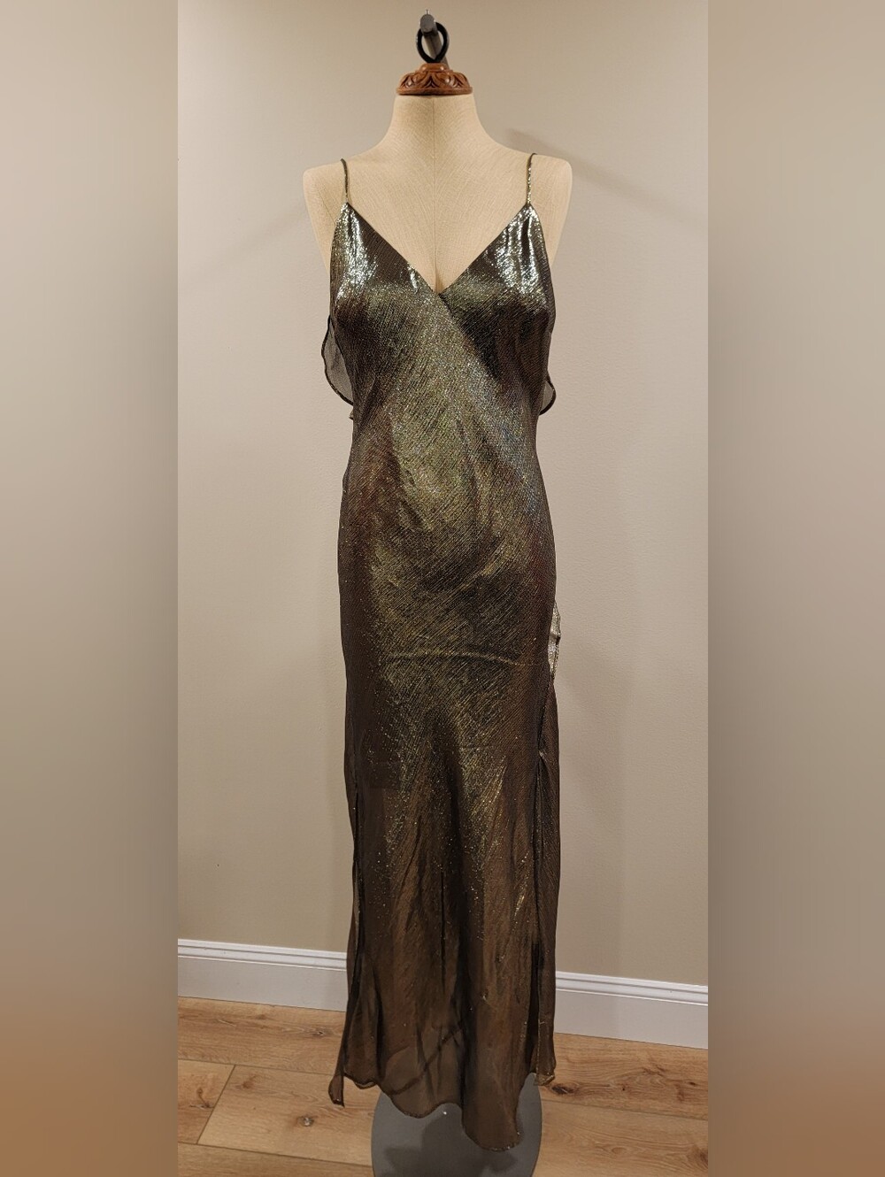 LoveShackFancy Metallic Lame Sheen Slip Maxi Dress - Gold&Black